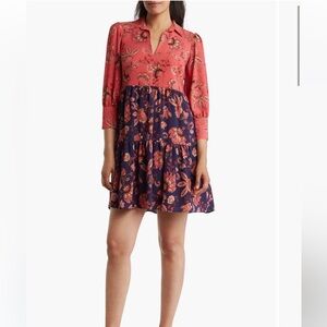 🌸 Vince Camuto Colorblock Long Sleeve Tiered Shirtdress